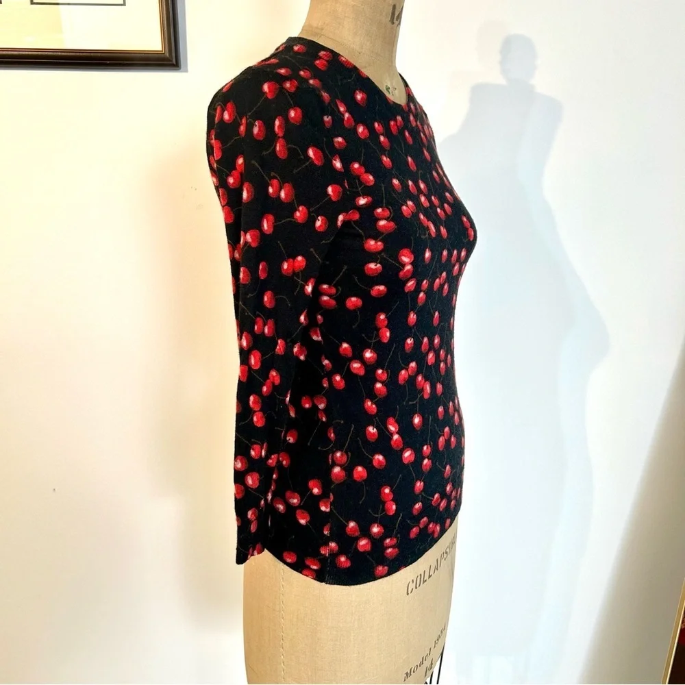 J. Crew Black and Red Cherry Print Tippi 3/4 Sleeve Crew Neck Sweater S